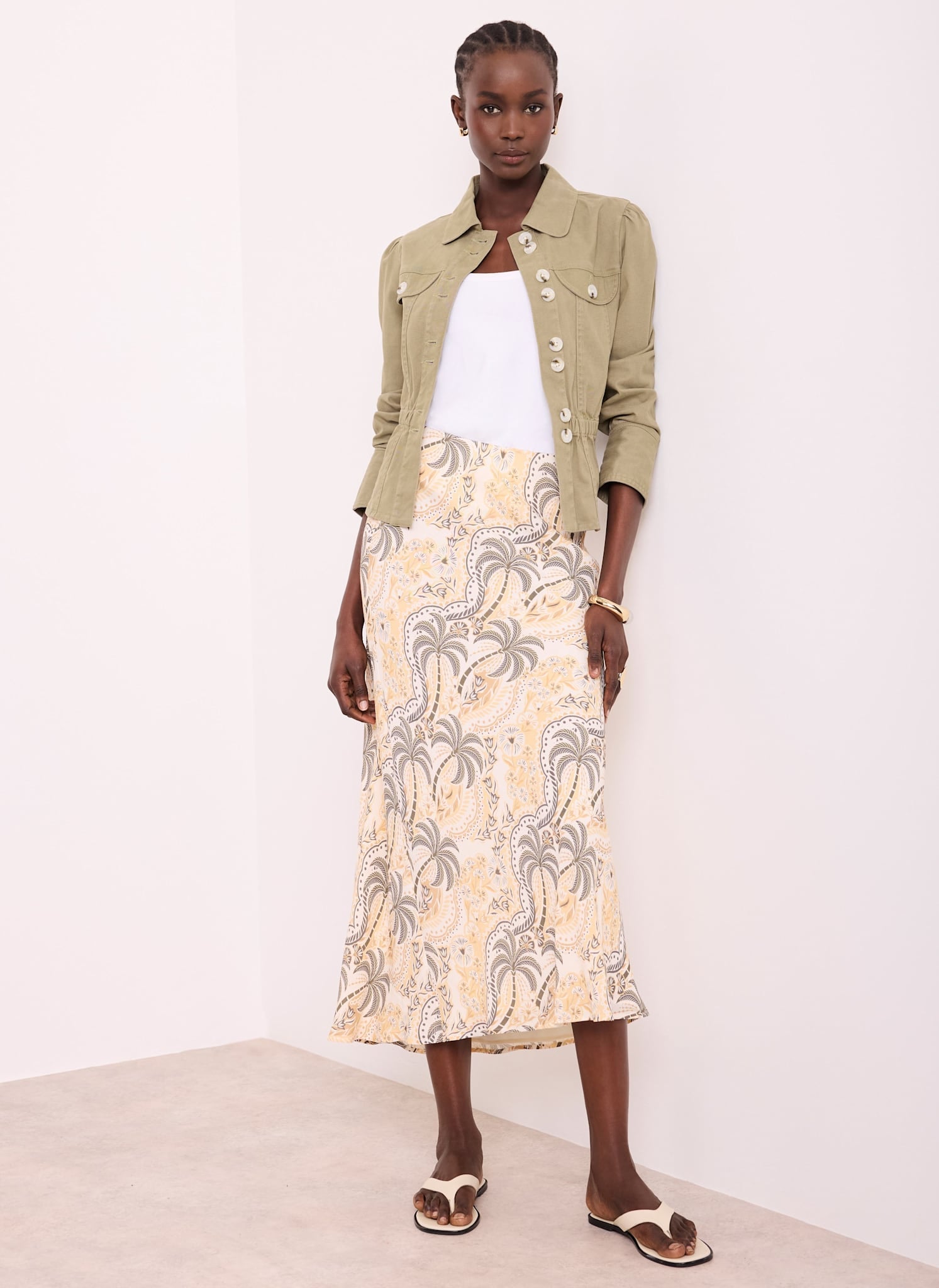 Neutral Palm Print Slip Midi Skirt