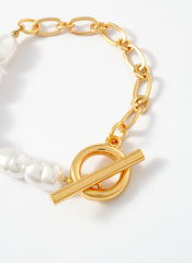 Gold Tone Chain & Pearl T-Bar Bracelet