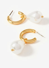 Gold Tone Pearl Drop Hoop Earrings