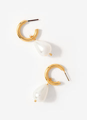 Gold Tone Pearl Drop Hoop Earrings