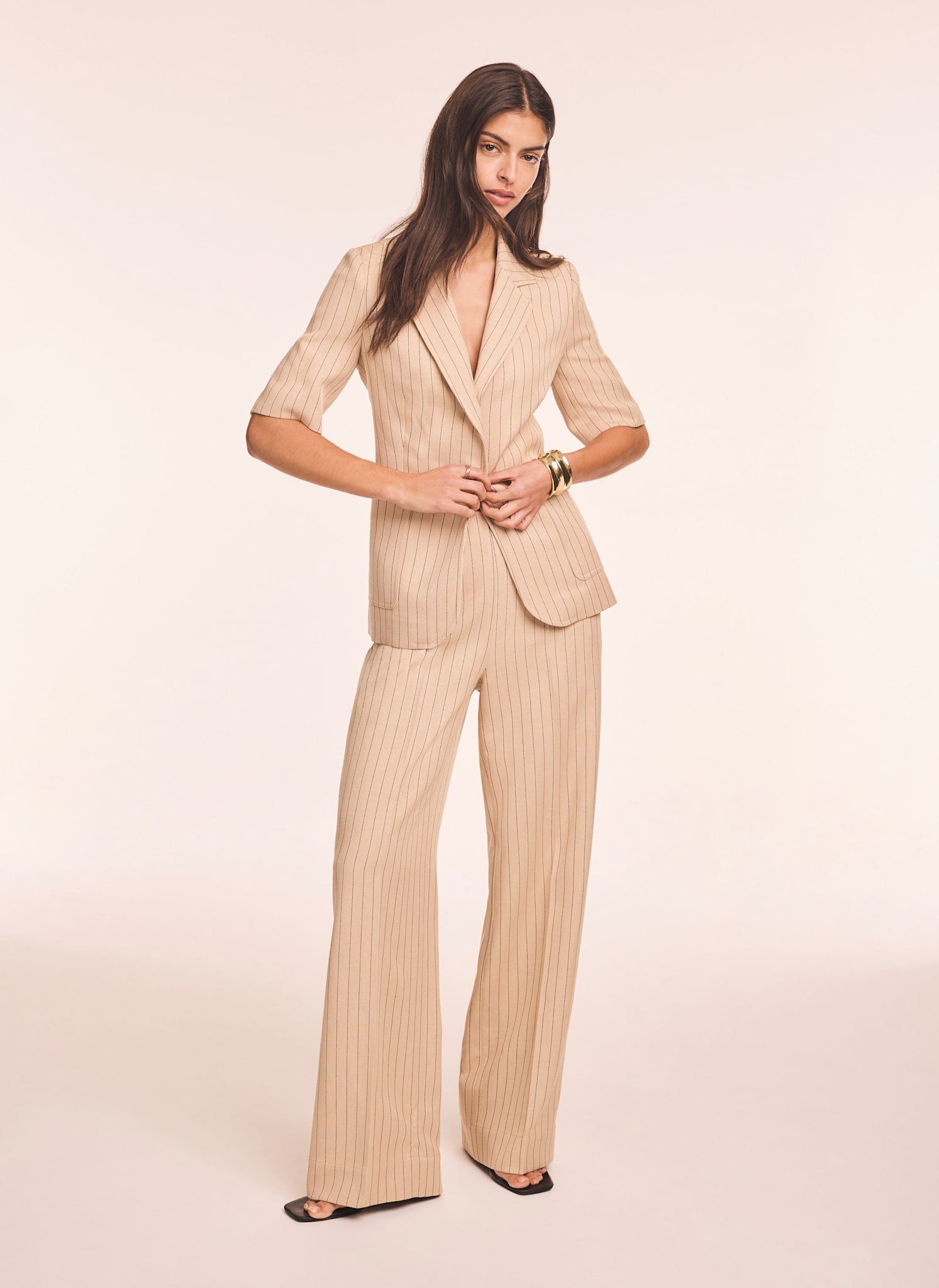 Neutral Pinstripe Short Sleeve Blazer