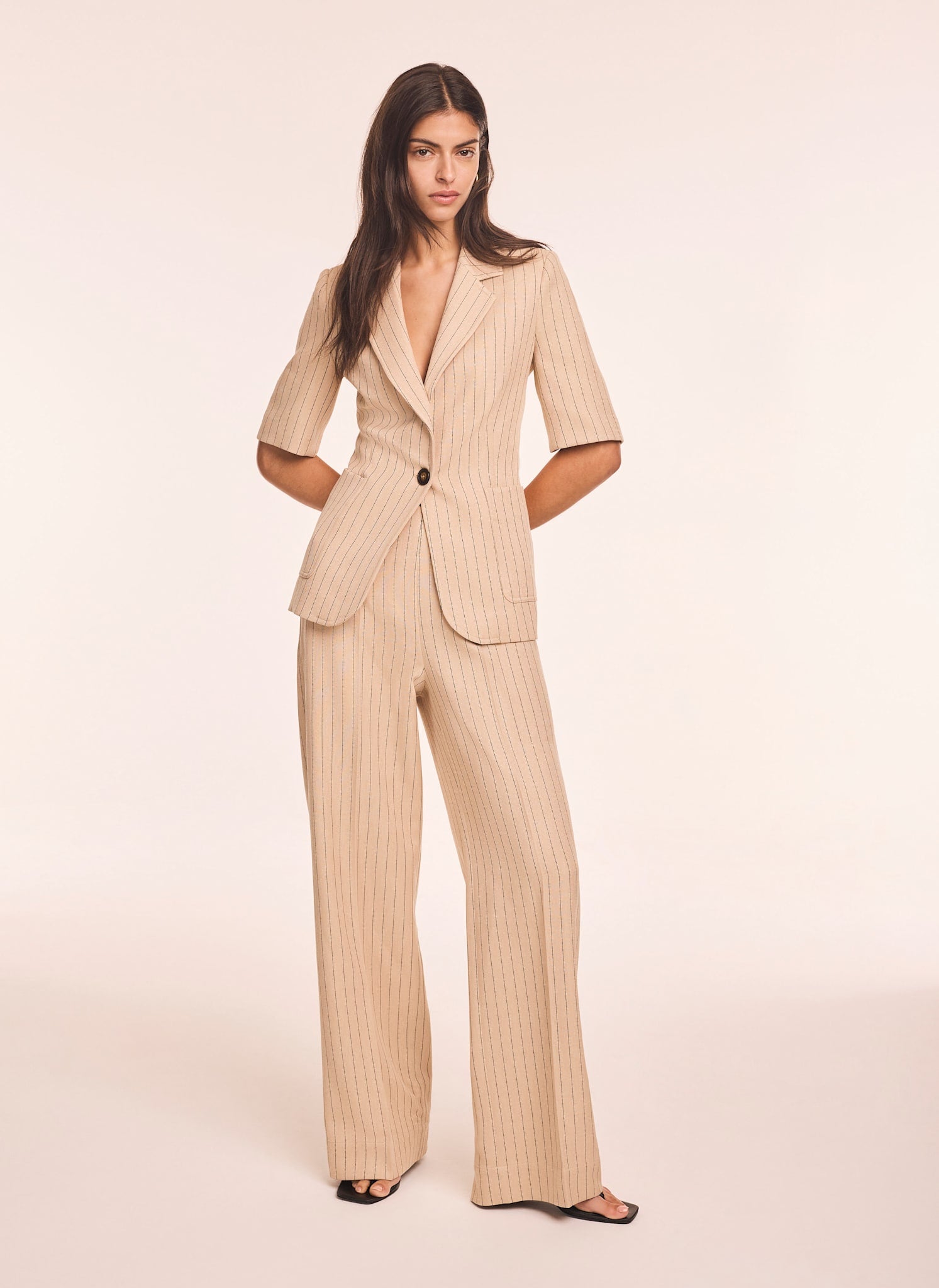 Neutral Pinstripe Short Sleeve Blazer