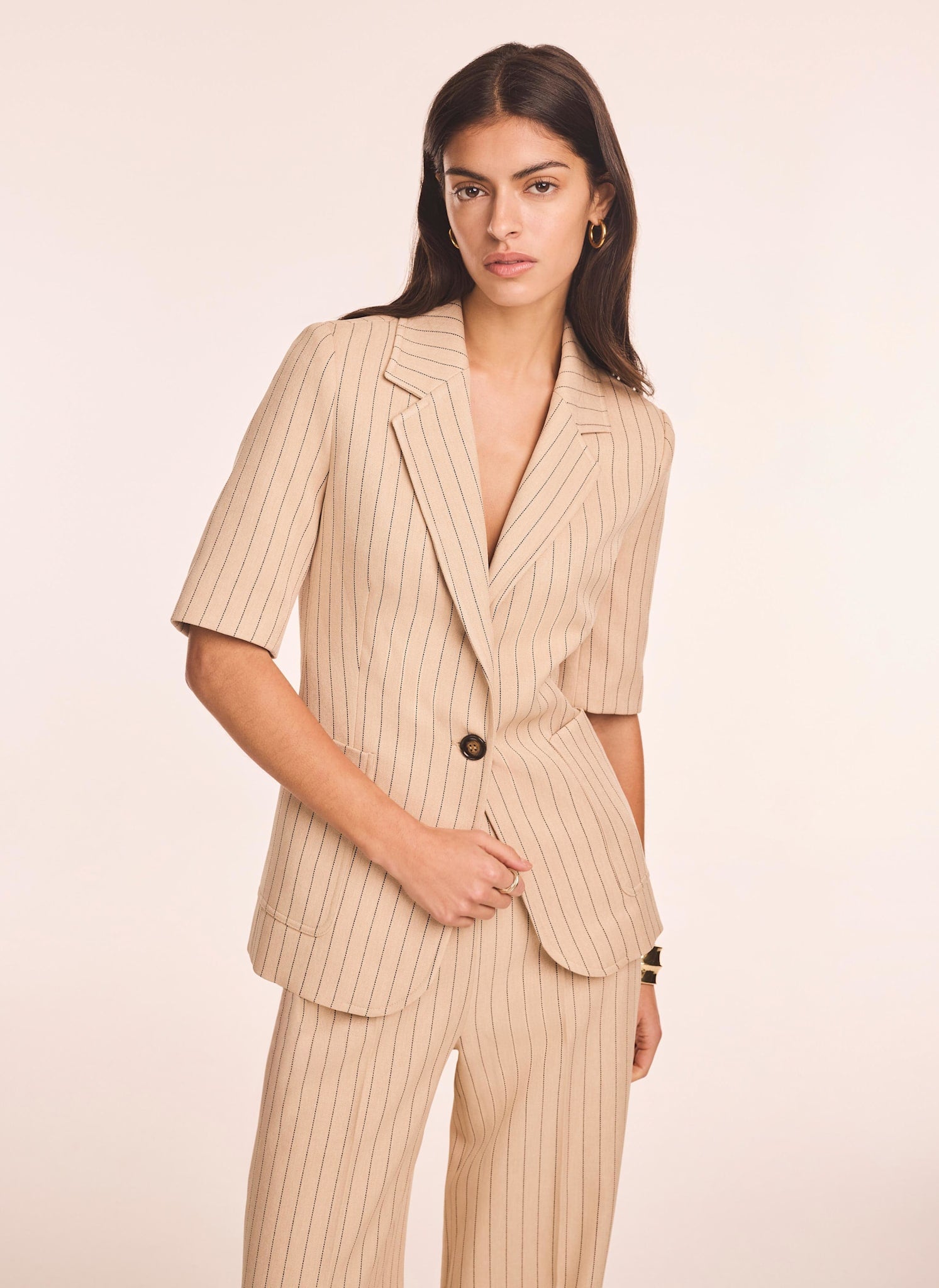 Neutral Pinstripe Short Sleeve Blazer