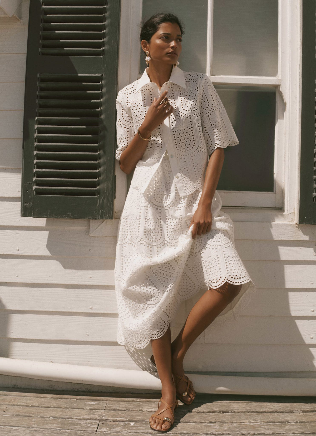 White Cotton Broderie Midi Skirt