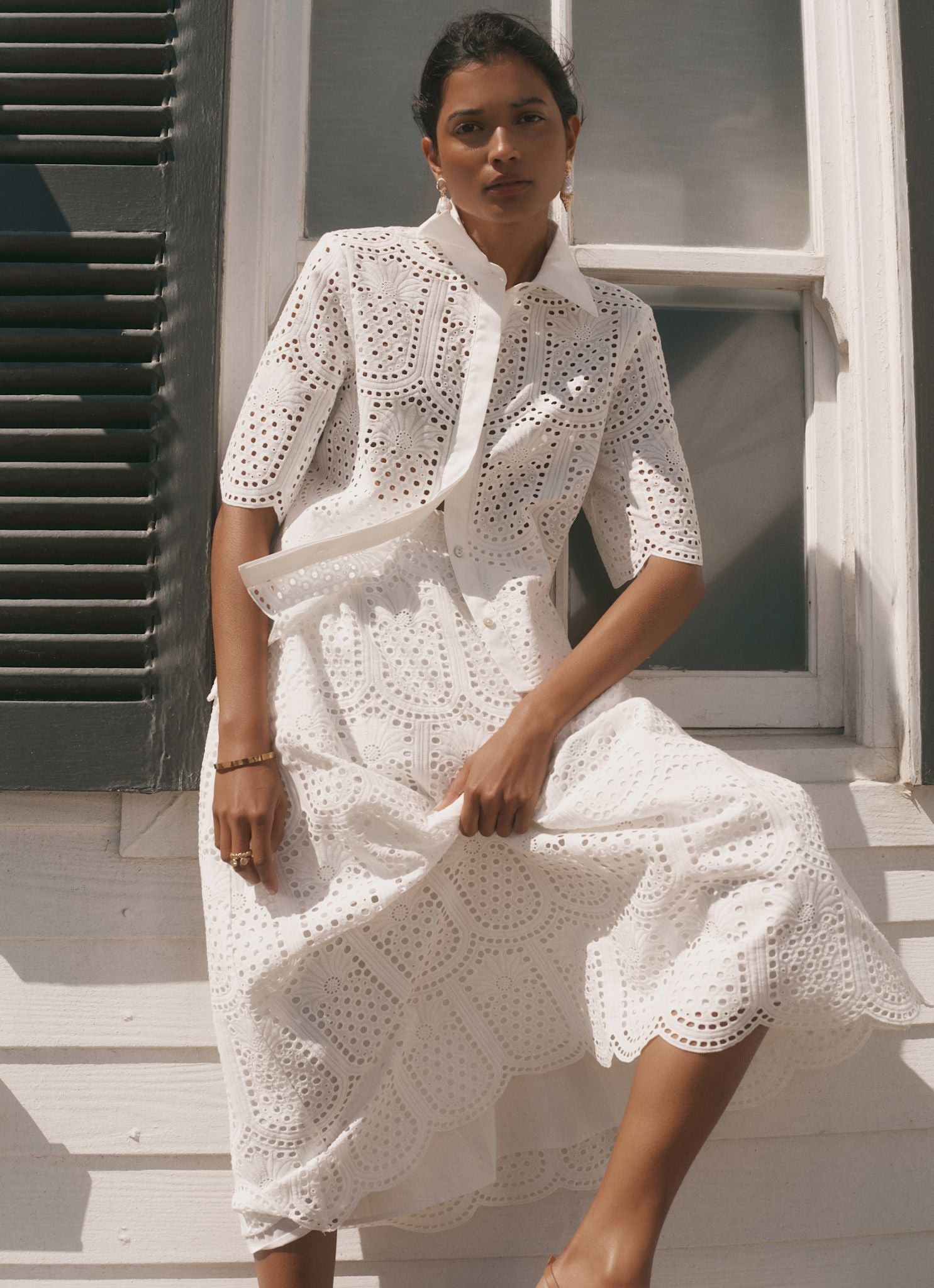 White Cotton Broderie Midi Skirt