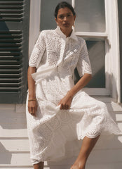 White Cotton Broderie Midi Skirt
