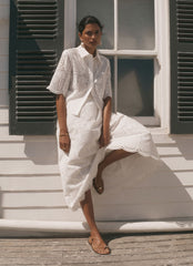White Cotton Broderie Midi Skirt
