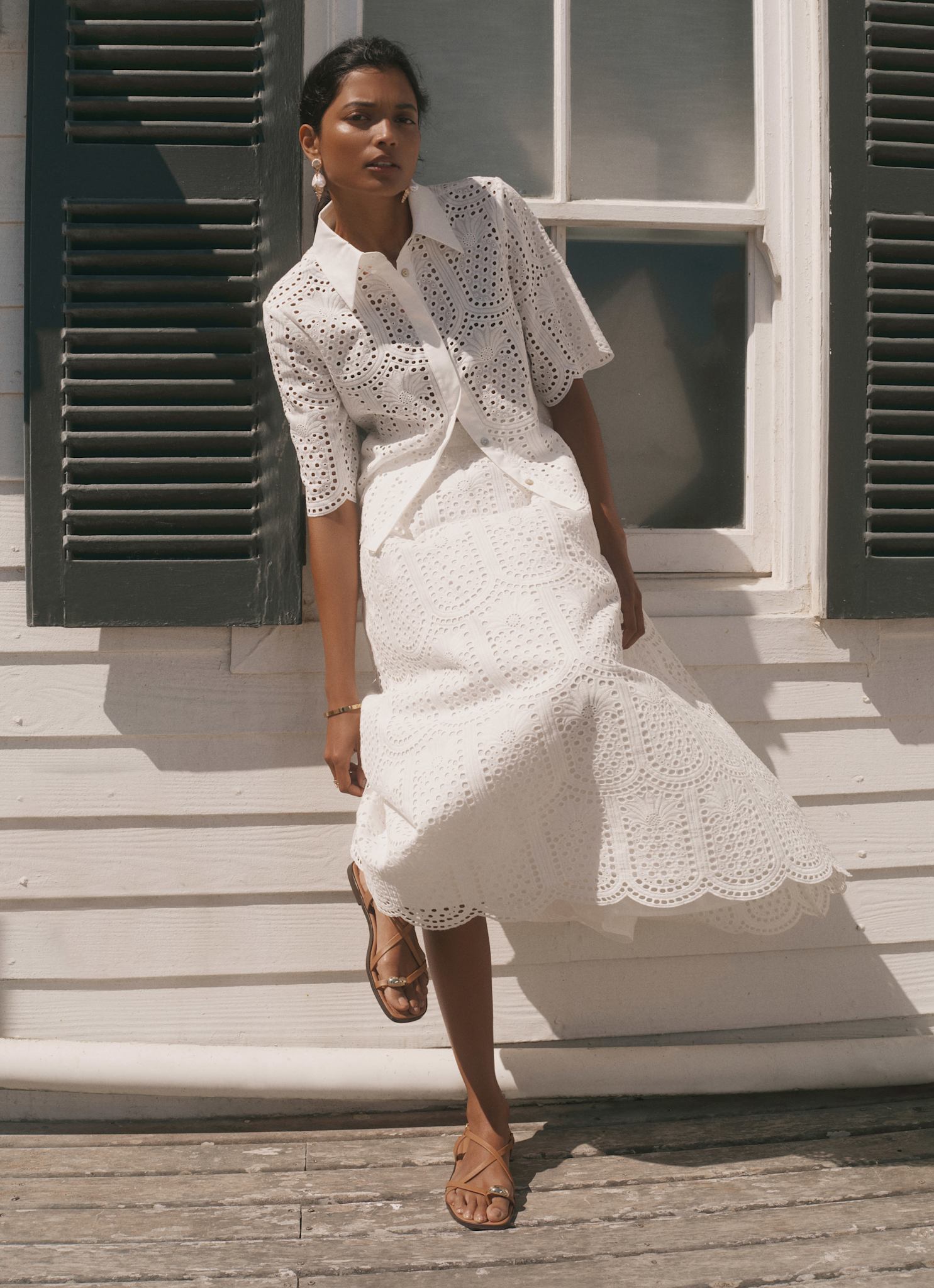White Cotton Broderie Midi Skirt