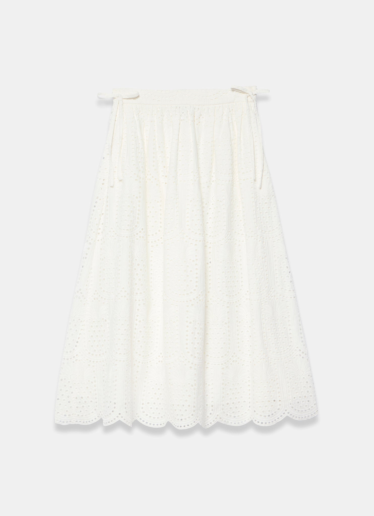 White Cotton Broderie Midi Skirt