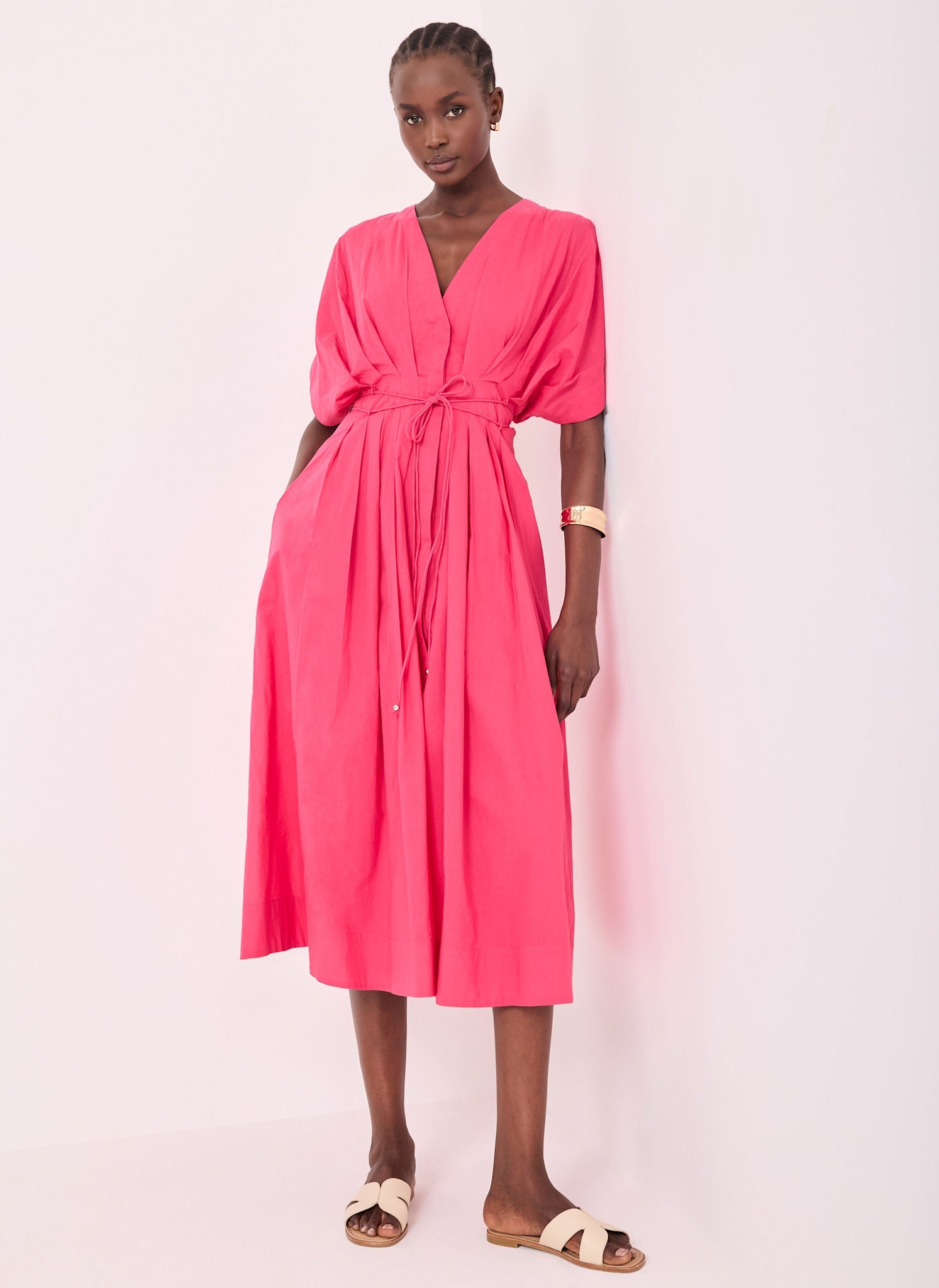 Pink Cotton Tie Waist Midi Dress