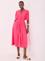 Pink Cotton Tie Waist Midi Dress