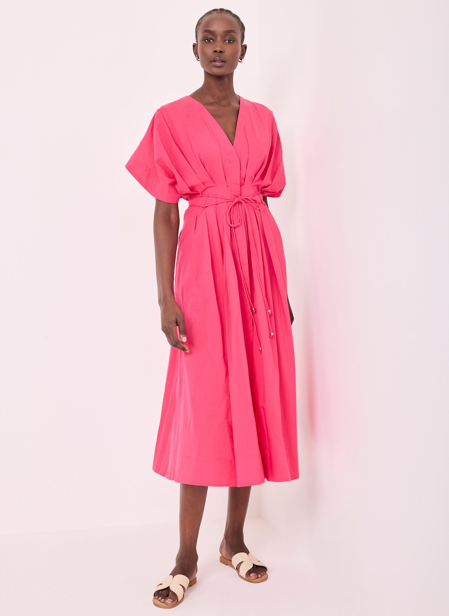 Pink Cotton Tie Waist Midi Dress