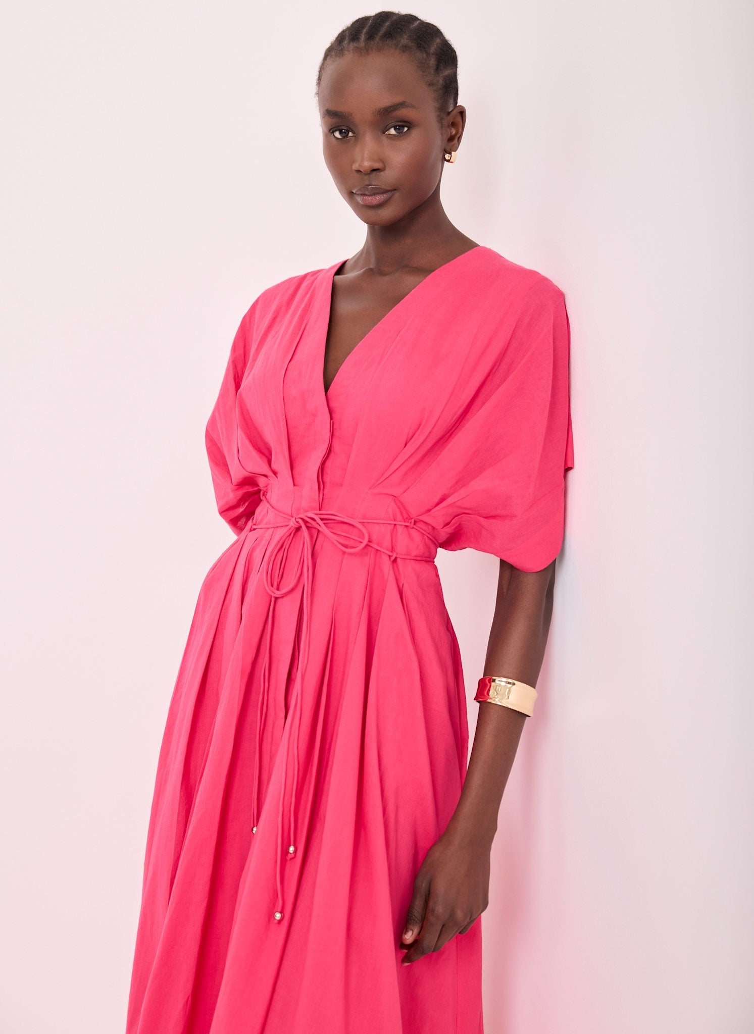 Pink Cotton Tie Waist Midi Dress
