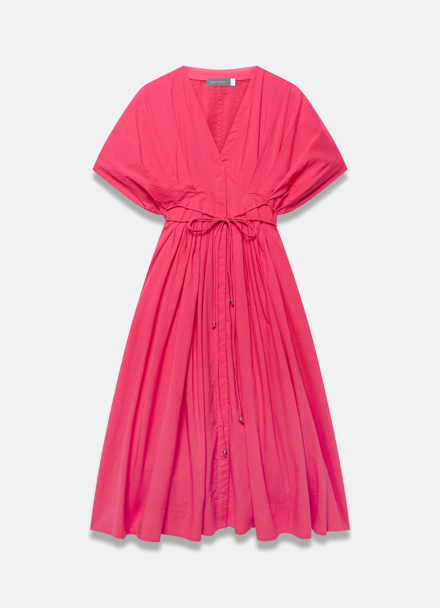 Pink Cotton Tie Waist Midi Dress