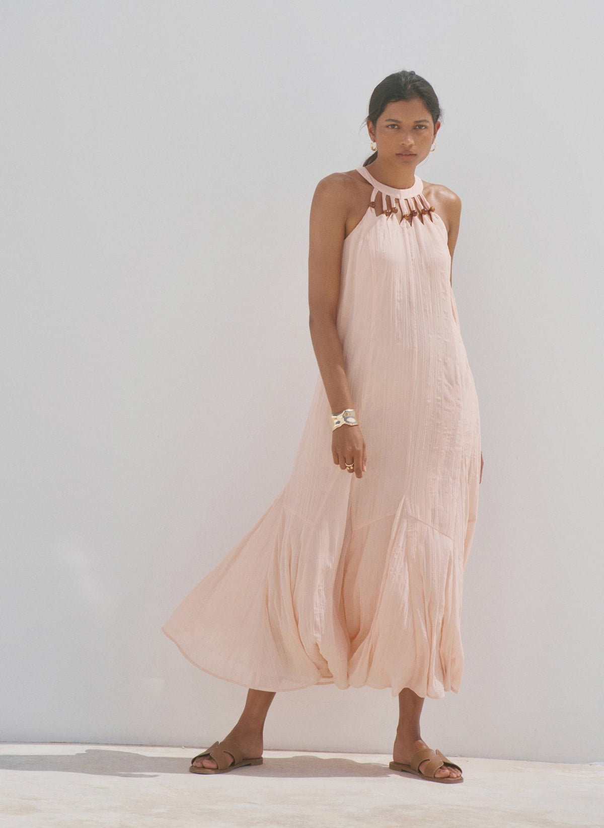 Pink Beaded Halter Maxi Dress