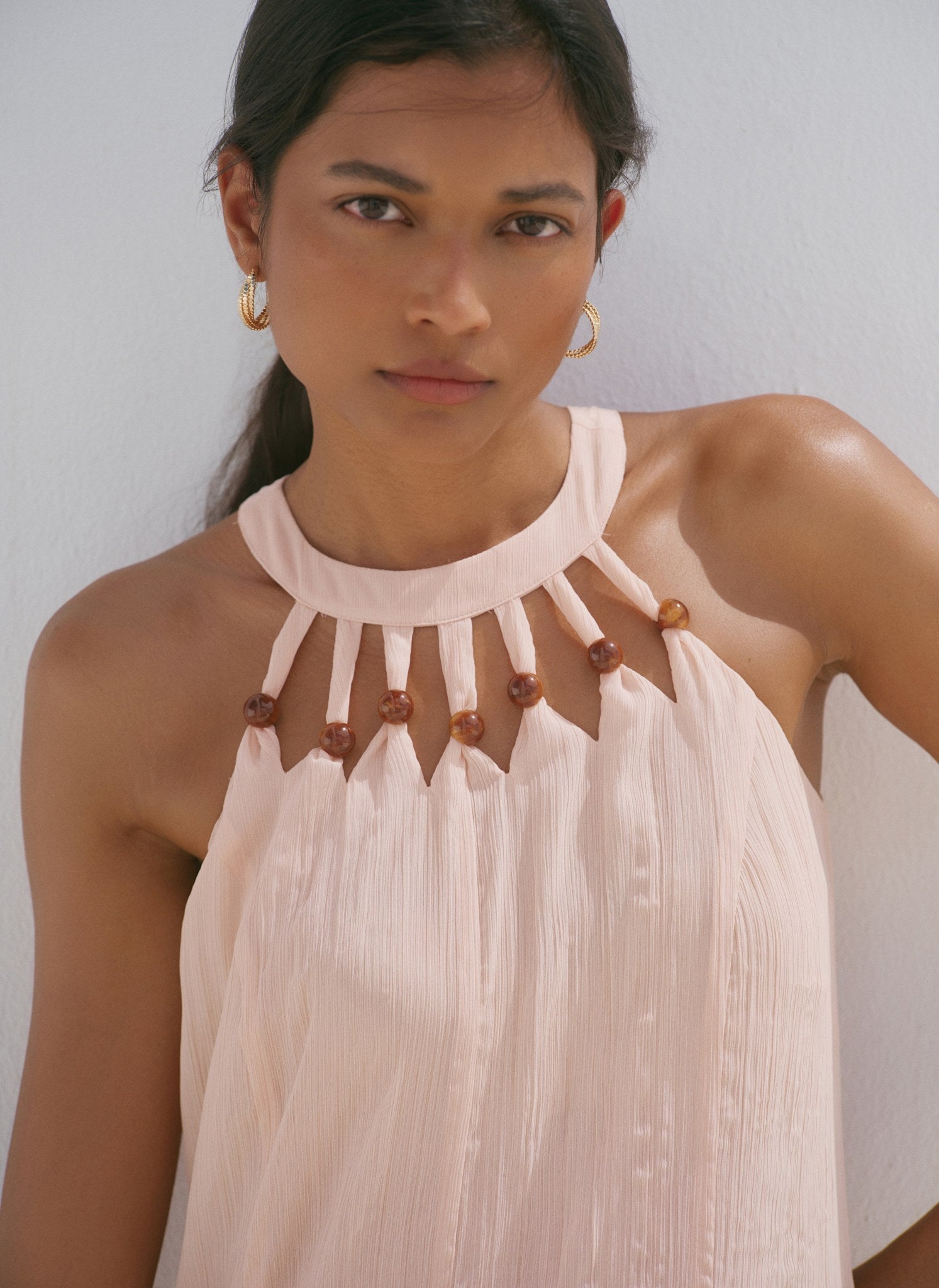 Pink Beaded Halter Maxi Dress