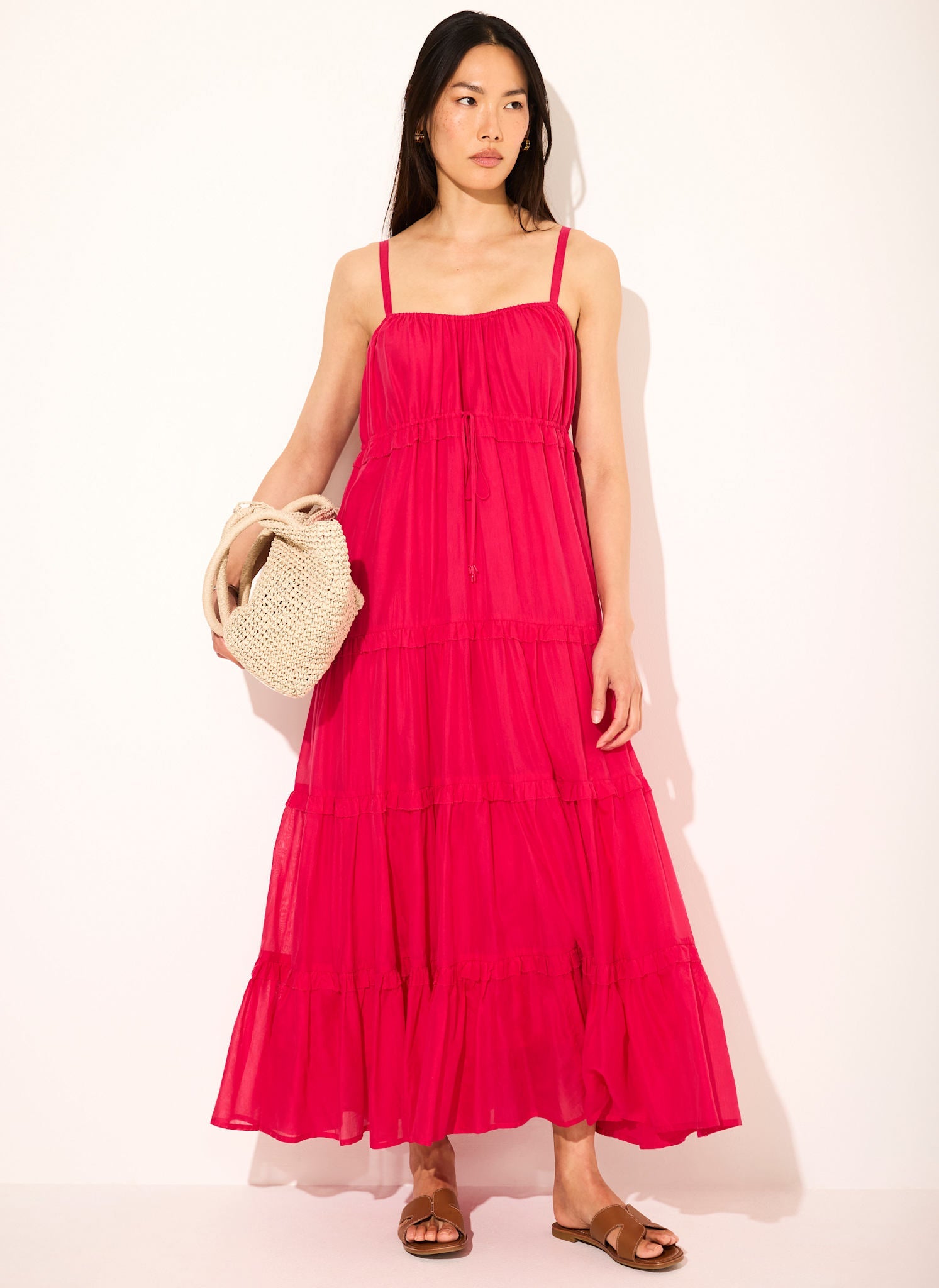 Pink Cotton Blend Tiered Maxi Dress
