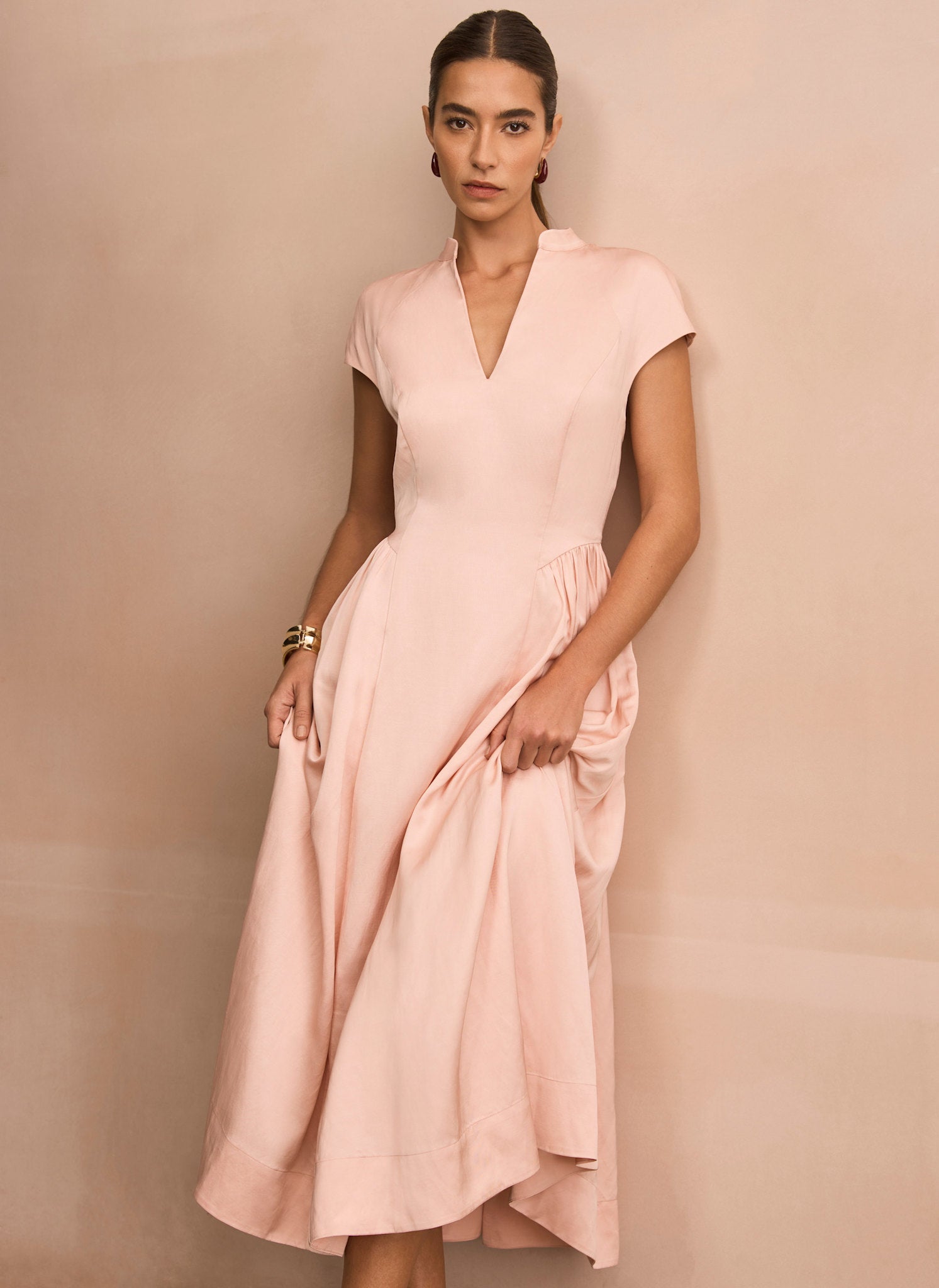 Pink Ruched Detail Midi Dress