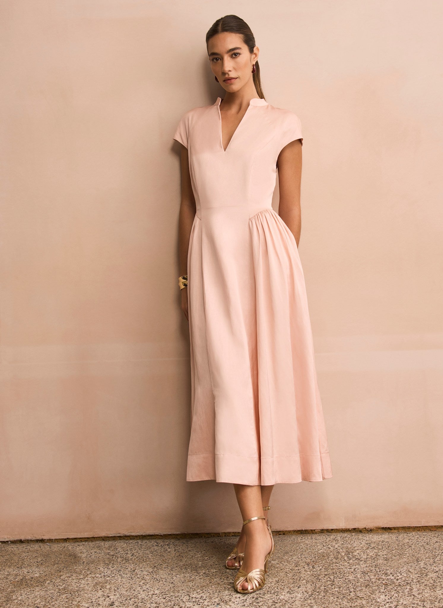 Pink Ruched Detail Midi Dress