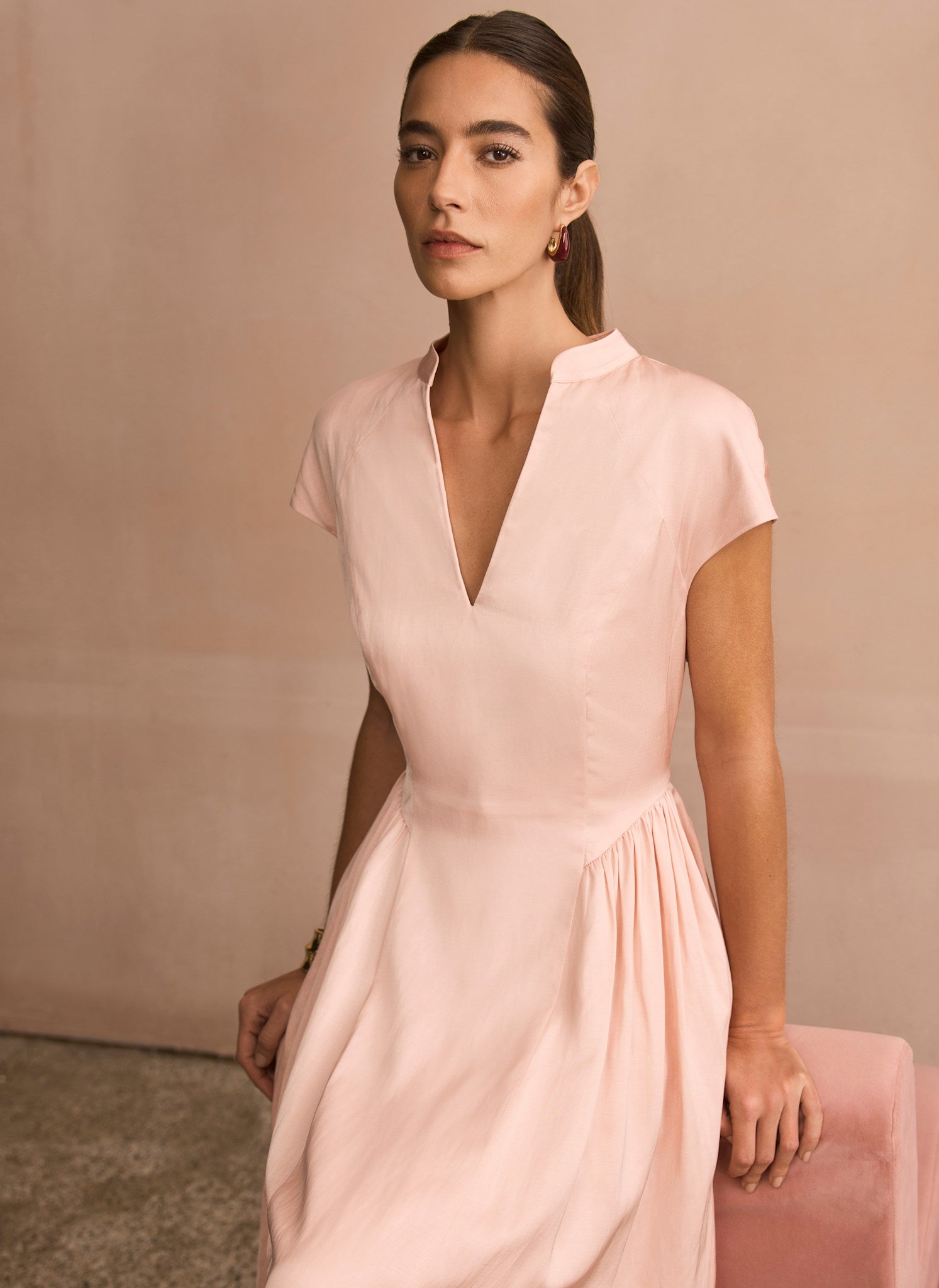 Pink Ruched Detail Midi Dress