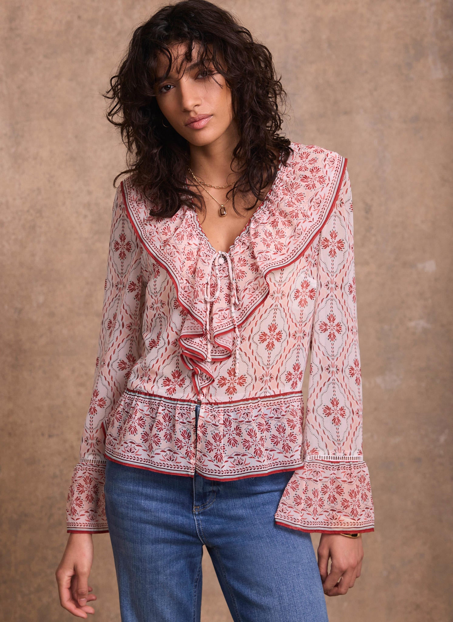 Pink Geo Print Ruffle Blouse