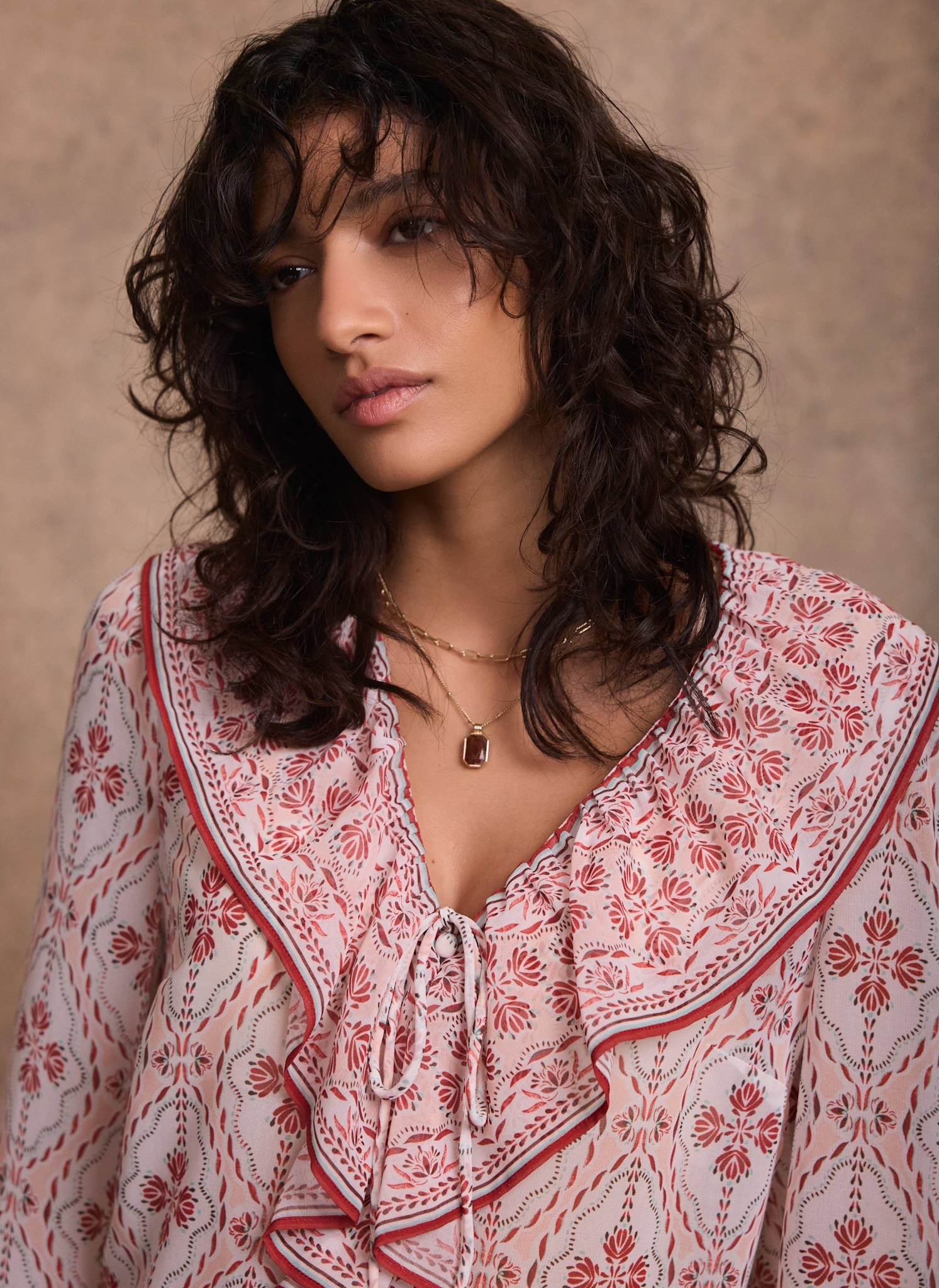 Pink Geo Print Ruffle Blouse