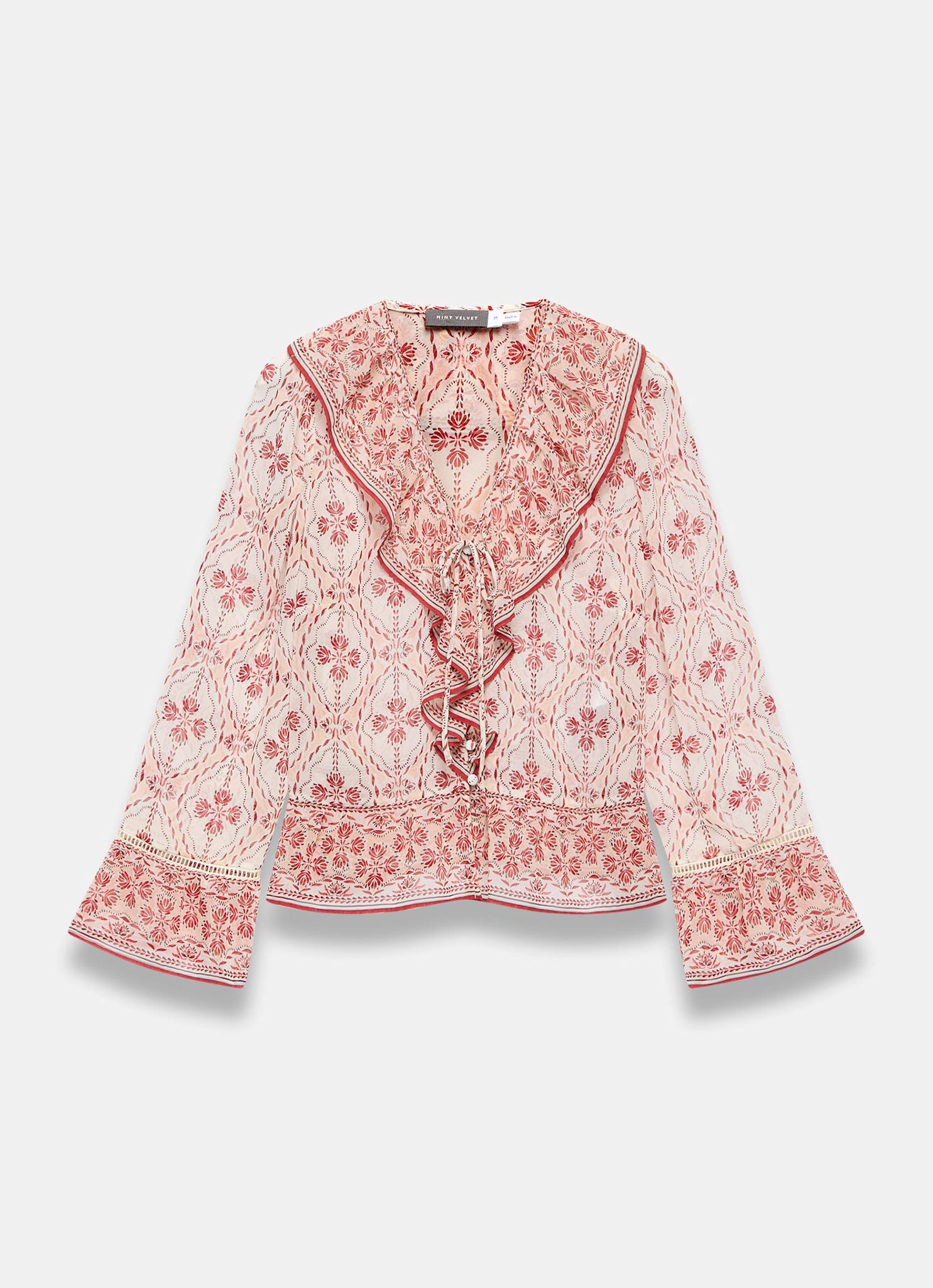 Pink Geo Print Ruffle Blouse
