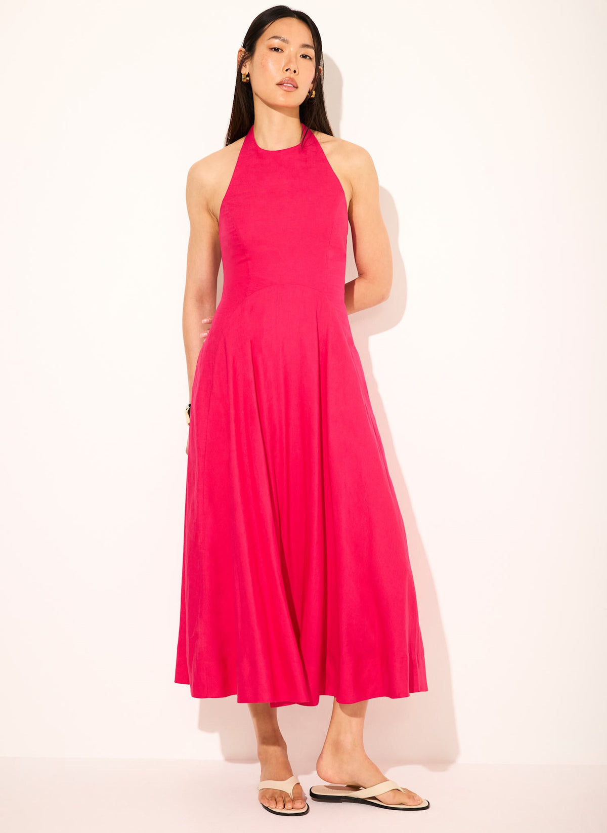Pink Linen Blend Halter Midi Dress