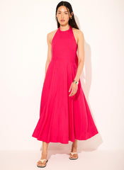 Pink Linen Blend Halter Midi Dress