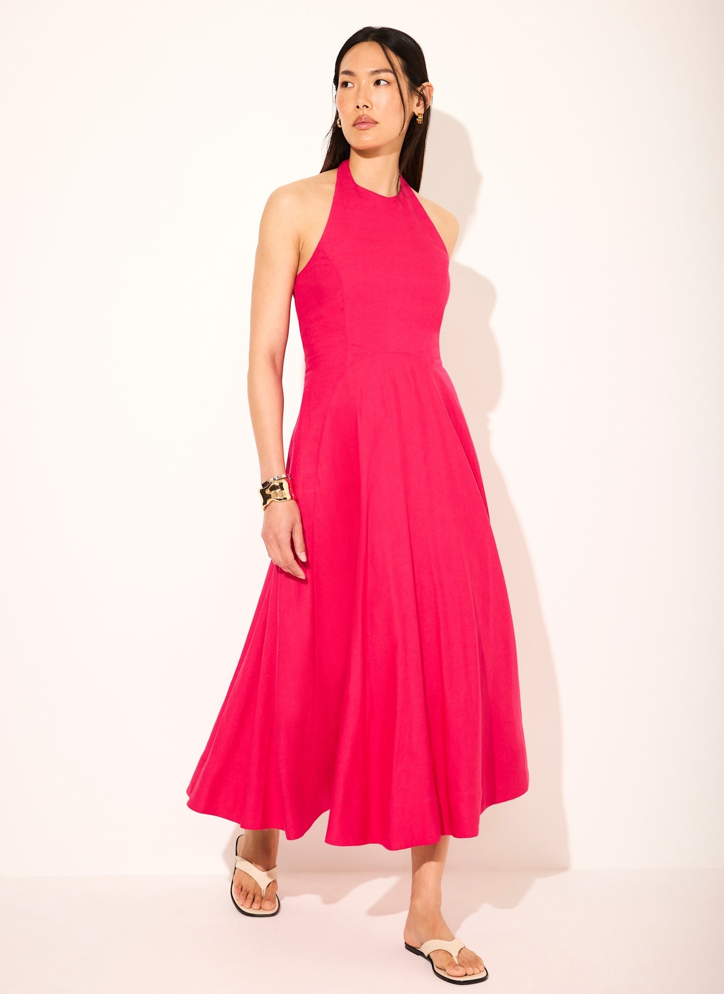 Pink Linen Blend Halter Midi Dress