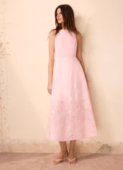 Pink Linen Blend Lace Midi Dress