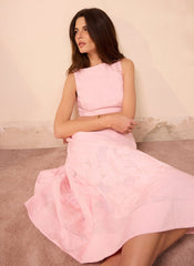 Pink Linen Blend Lace Midi Dress