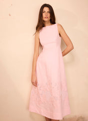 Pink Linen Blend Lace Midi Dress