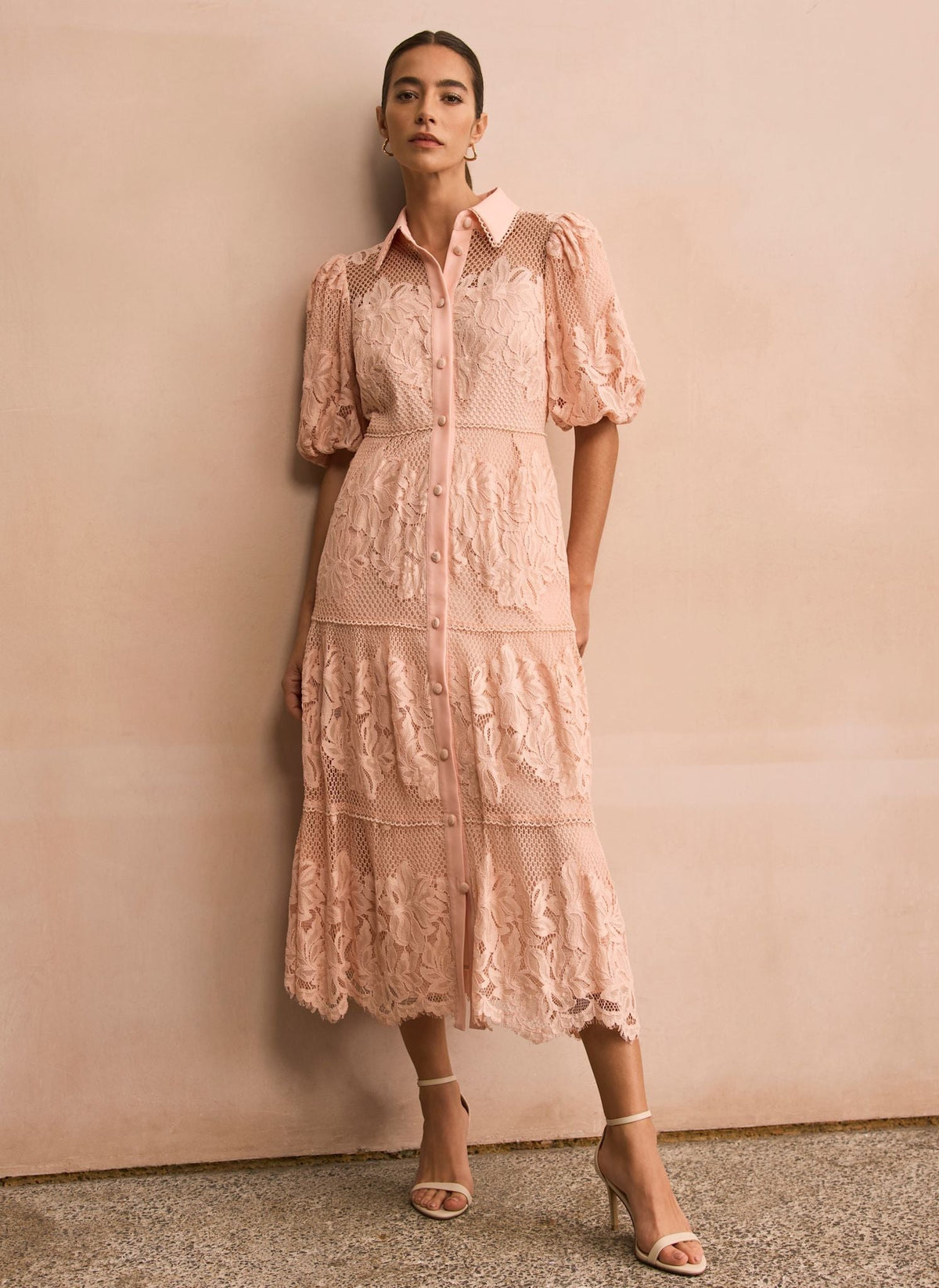 Pink Lace Midi Shirt Dress