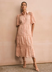 Pink Lace Midi Shirt Dress