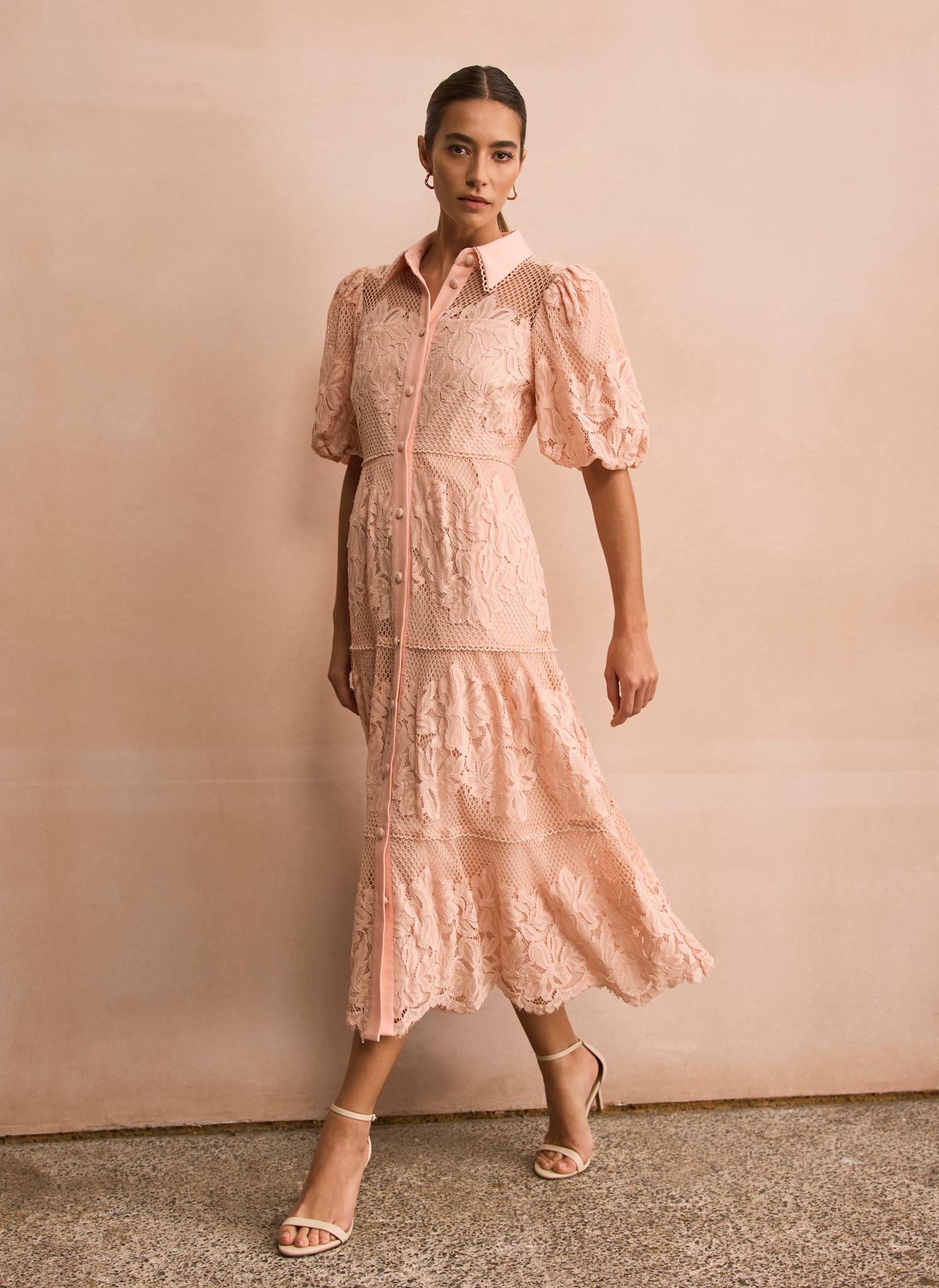 Pink Lace Midi Shirt Dress