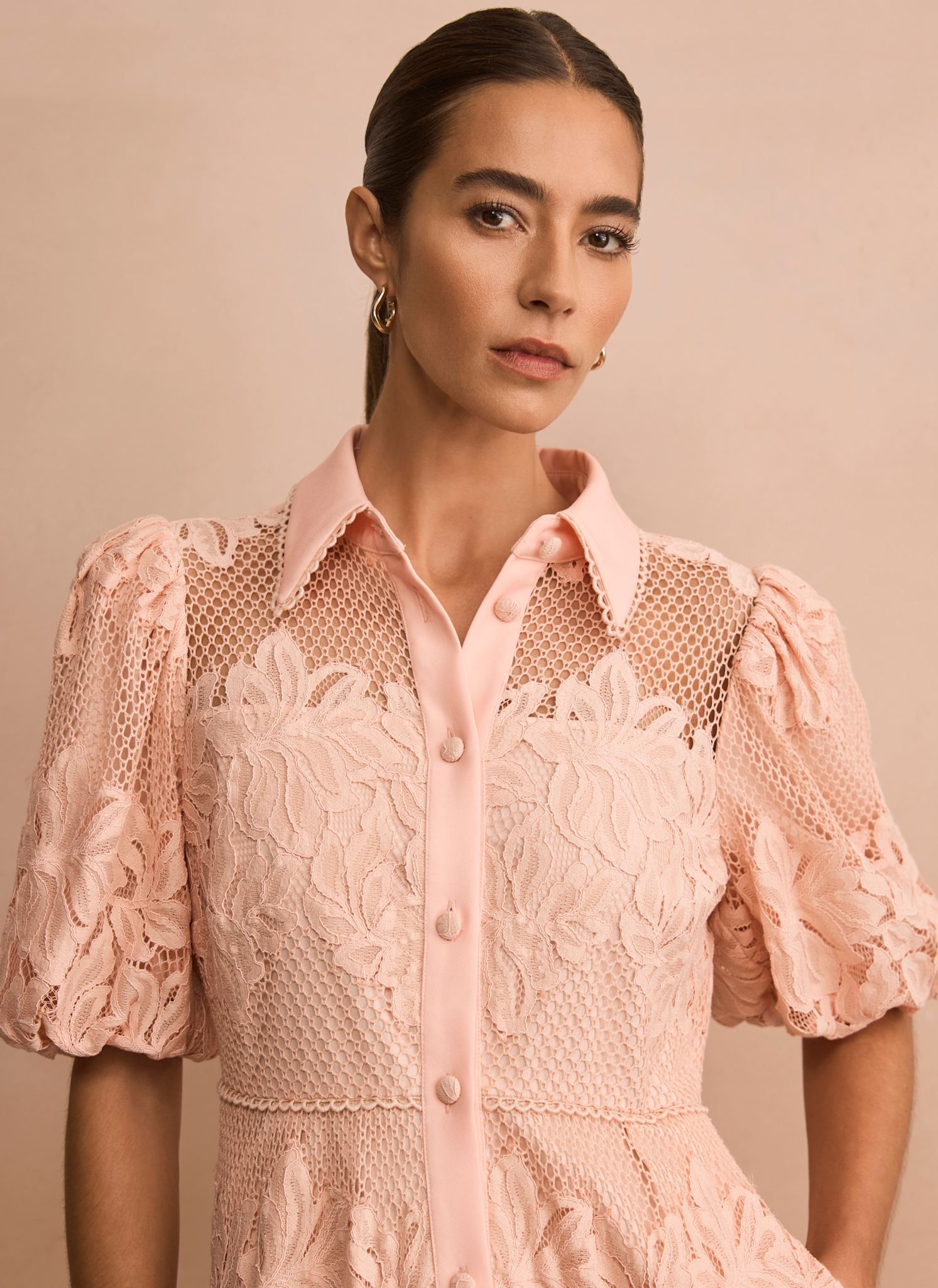 Pink Lace Midi Shirt Dress