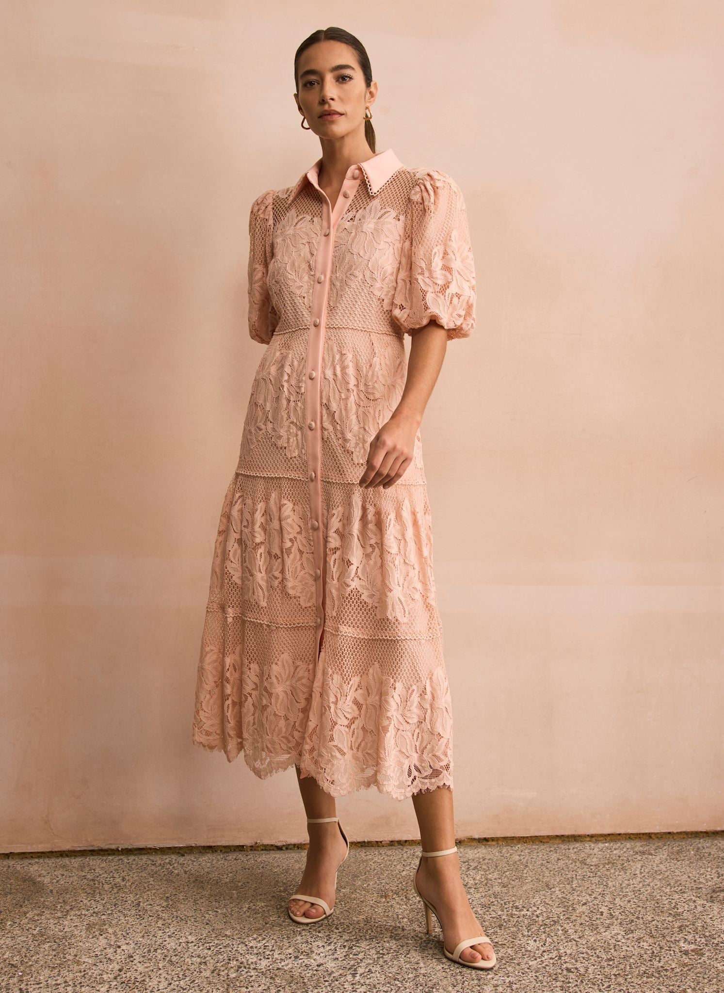 Pink Lace Midi Shirt Dress