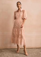 Pink Lace Midi Shirt Dress