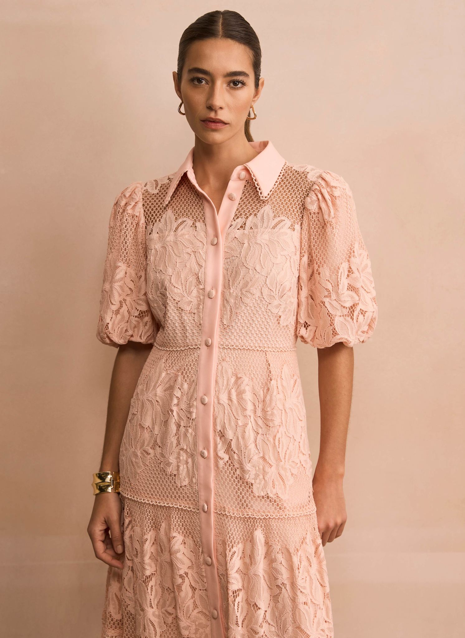 Pink Lace Midi Shirt Dress