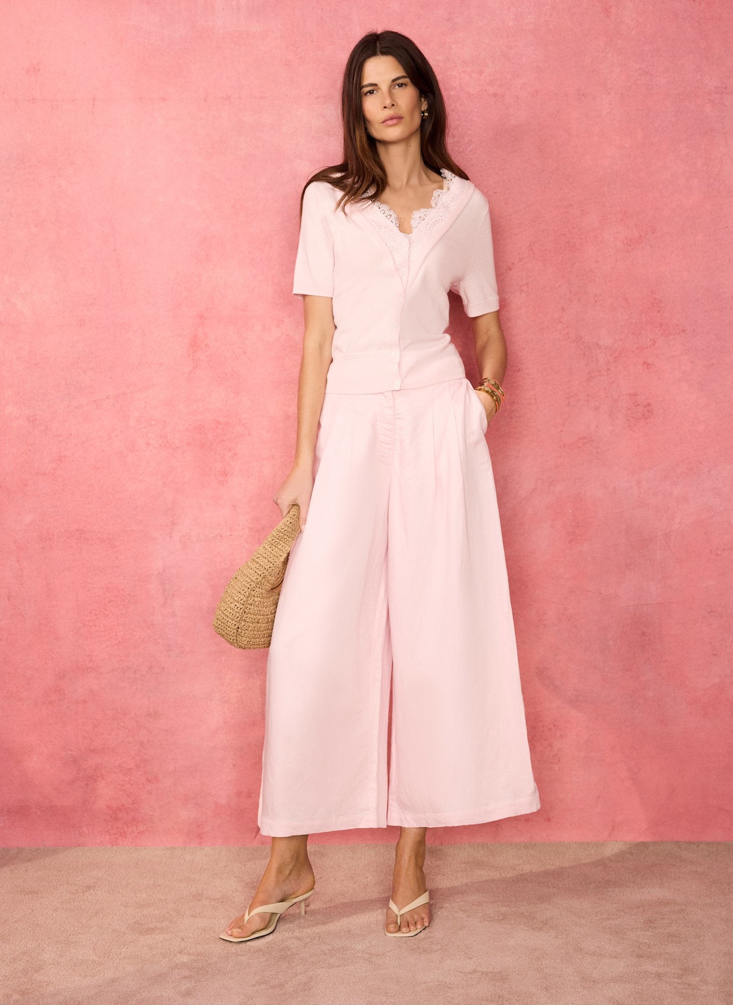 Pink Linen Blend Cropped Trousers