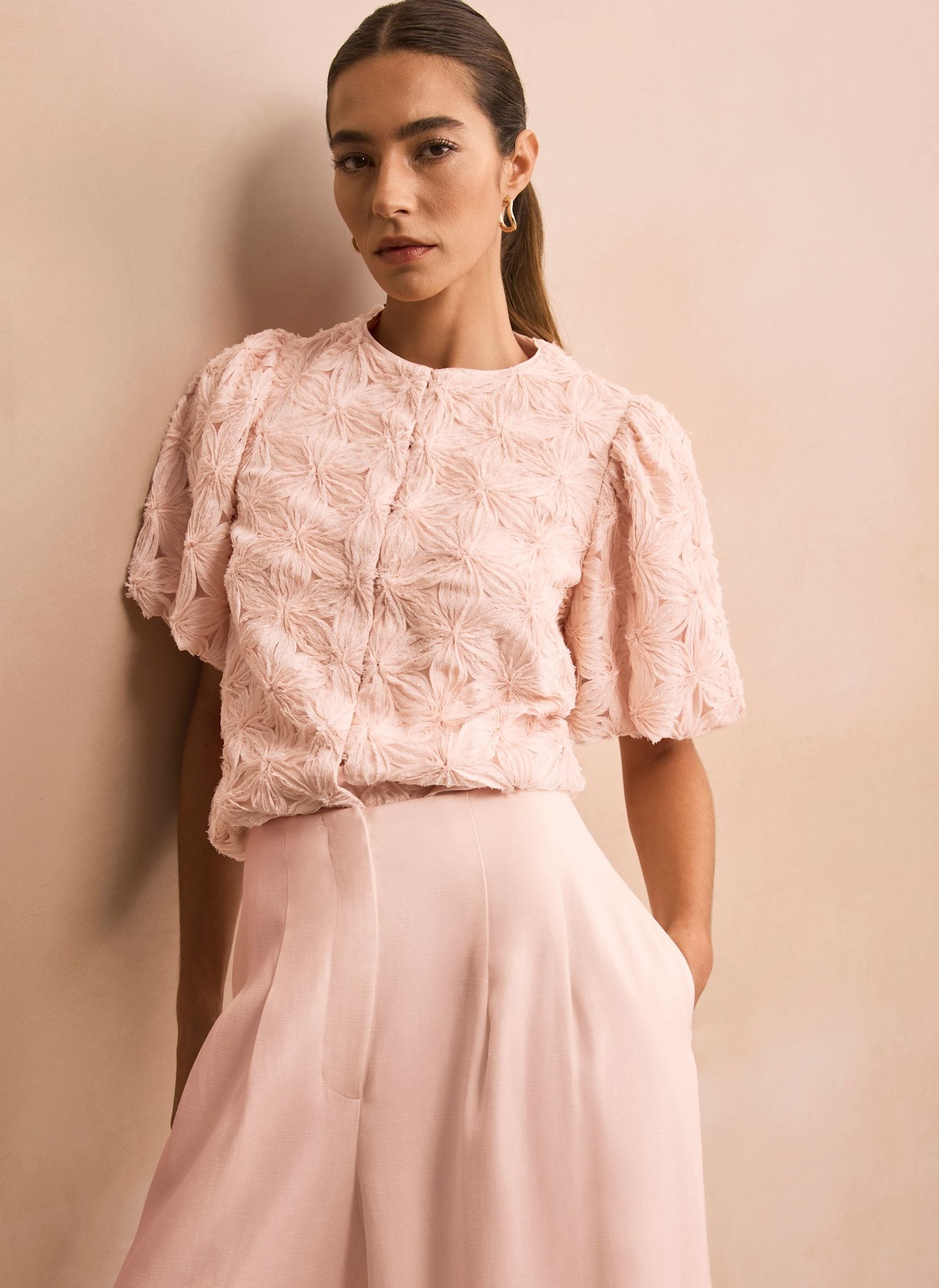 Pink Textured Puff Sleeve Blouse