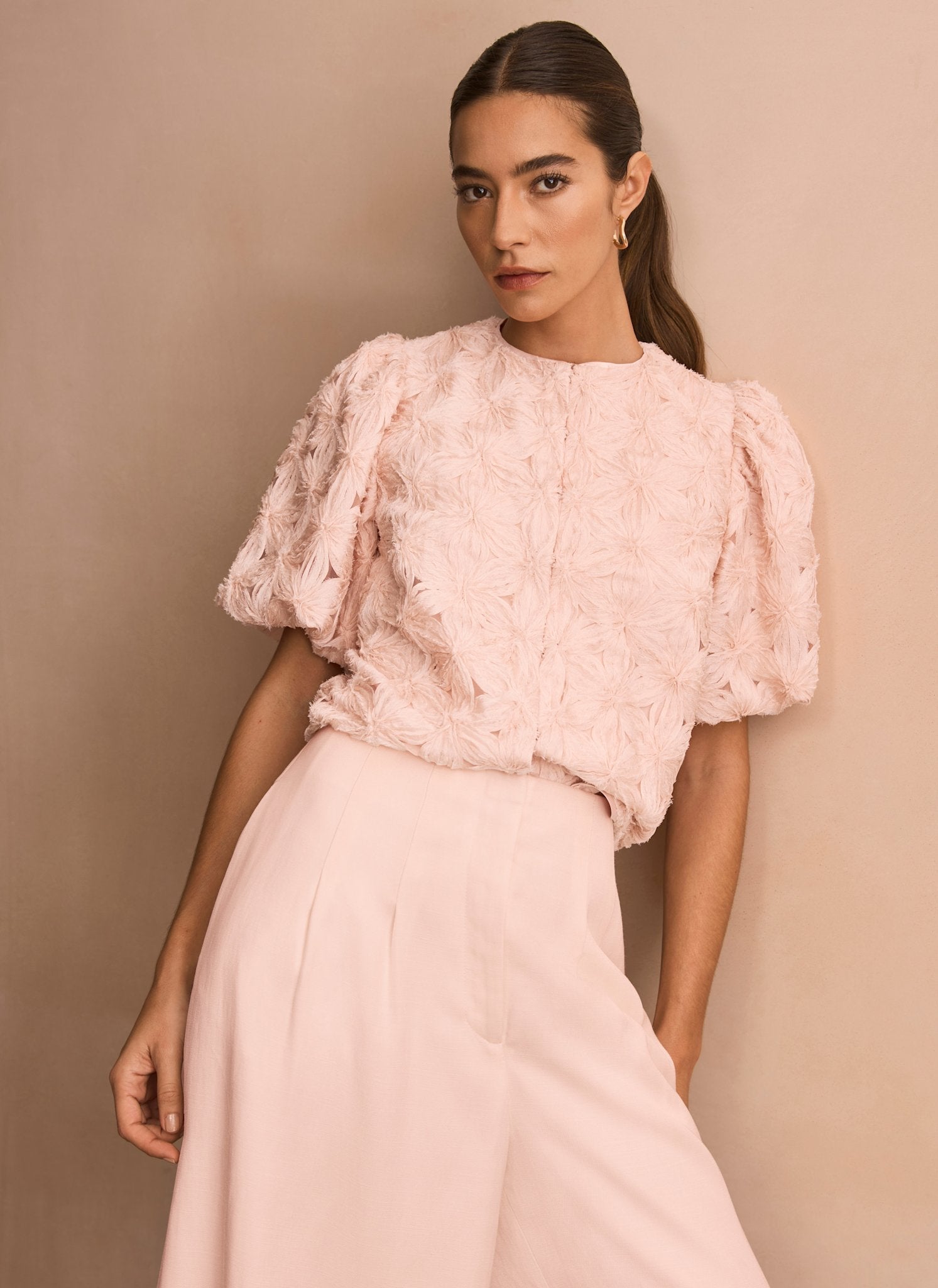 Pink Textured Puff Sleeve Blouse