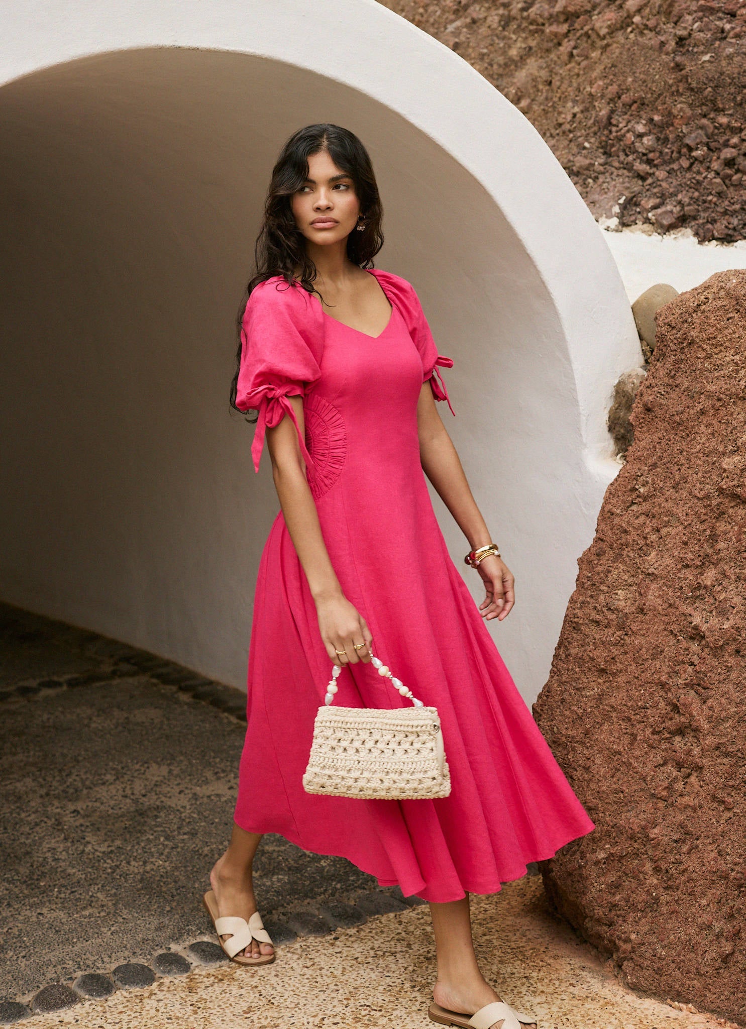 Pink Linen Blend Tie Detail Maxi Dress