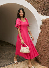 Pink Linen Blend Tie Detail Maxi Dress