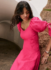Pink Linen Blend Tie Detail Maxi Dress