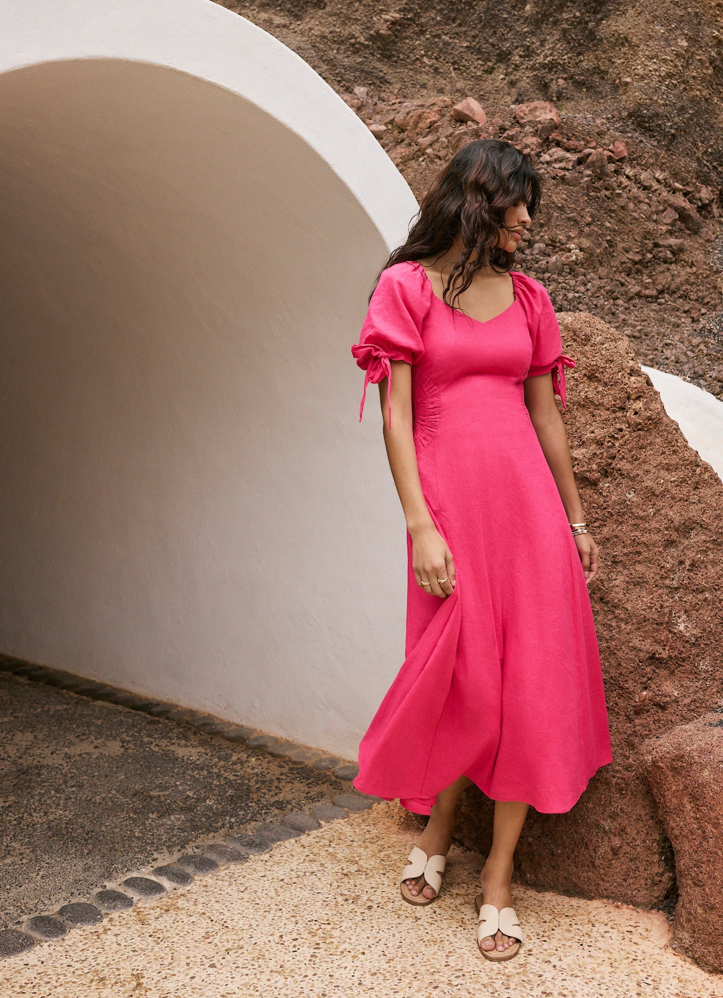 Pink Linen Blend Tie Detail Maxi Dress