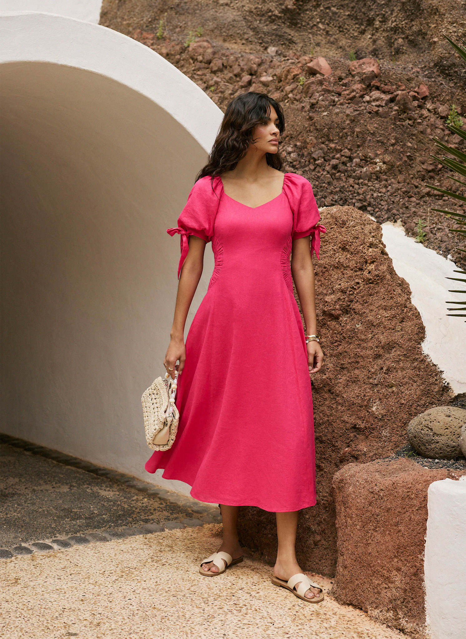 Pink Linen Blend Tie Detail Maxi Dress