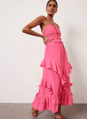 Pink Ruffle Halter Midi Dress