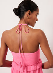 Pink Ruffle Halter Midi Dress